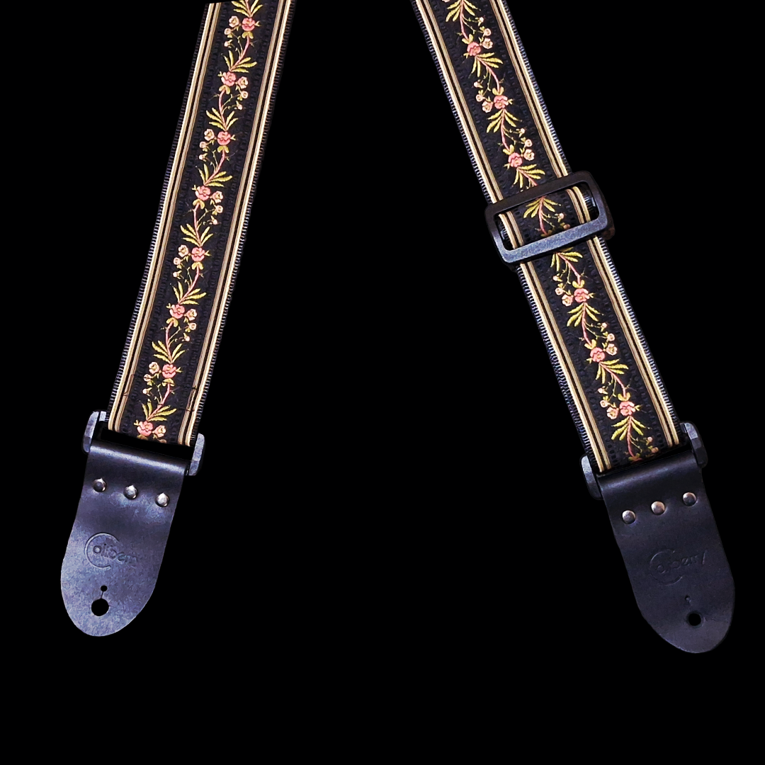 'Japanese Garden' in Black. Handmade guitar strap. Adjustable.