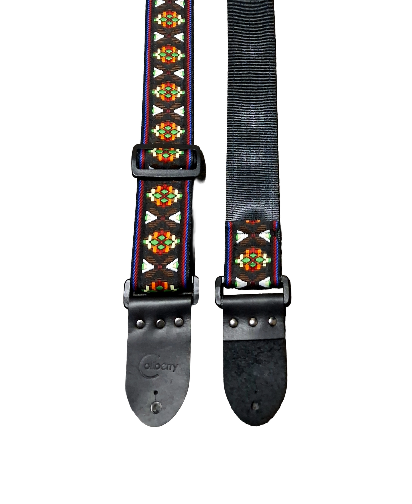 Handmade Aztec Brown Guitar Strap: Aztec pattern Jacquard Ribbon and Leather Ends.
